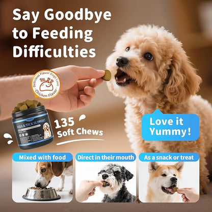 POPPAW Dog Flea and Tick Treatment Chewable, 5-in-1 Natural Flea and Tick Prevention Chews, Dog Oral Flea and Tick Support Supplement, for All Breeds and Ages, Chicken Flavor, 135 Count