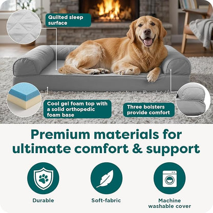 FurHaven Cooling Gel Dog Bed for Large Dogs, L-Shaped Chaise with Cool Gel-Top Foam with a Solid Orthopedic Foam Base for Joint Support, Removable Washable Cover, Jumbo XL, Plush & Suede, Stone Gray