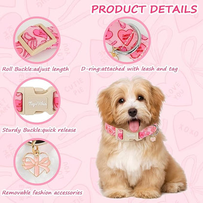 Valentines Dog Collar with Heart Bow Pattern, Adjustable Small Dog Collar with Safety Buckle & Heart Charm, Spring Summer for Girl Boy Dogs-S