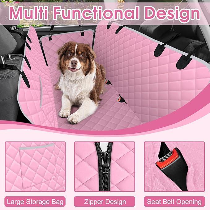 NECKORY Waterproof Dog Car Seat Cover for Back Seat - Durable, Scratch Proof Pet Hammock with Nonslip Design & Storage Pockets, Fits Cars, SUVs, Trucks - L, Pink/Grey
