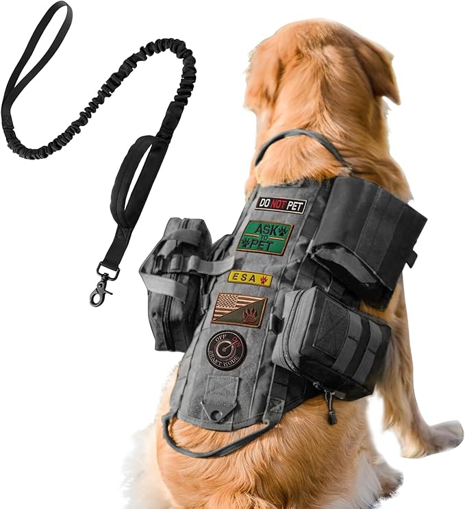AIWAI Tactical Dog Harness with Pouches,Dog Vest Harness for Large Medium Dogs No-Pull Adjustable Military Dog Harness with Handle Walking Hiking Training (Black(with Leash), M)