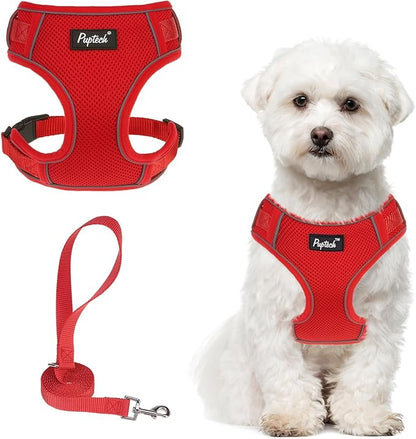 PUPTECK Small Dog Harness and Leash Set, No Pull Adjustable Puppy Cat Harness, Reflective Soft Mesh Pet Vest Small Sized, Red, M