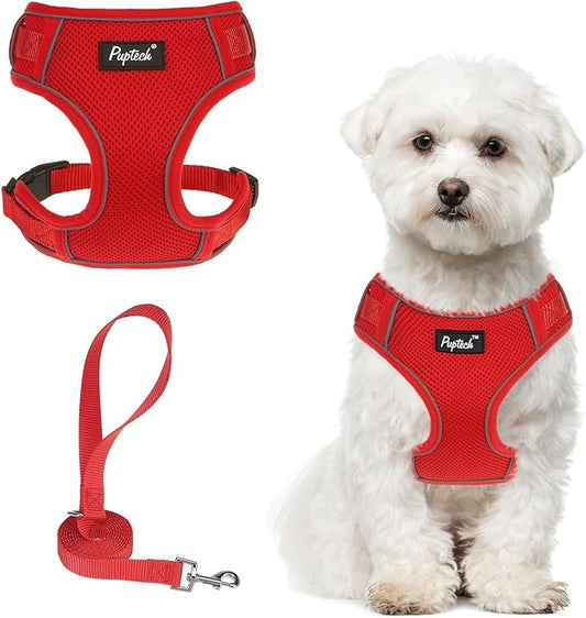 PUPTECK Small Dog Harness and Leash Set, No Pull Adjustable Puppy Cat Harness, Reflective Soft Mesh Pet Vest Small Sized, Red, S