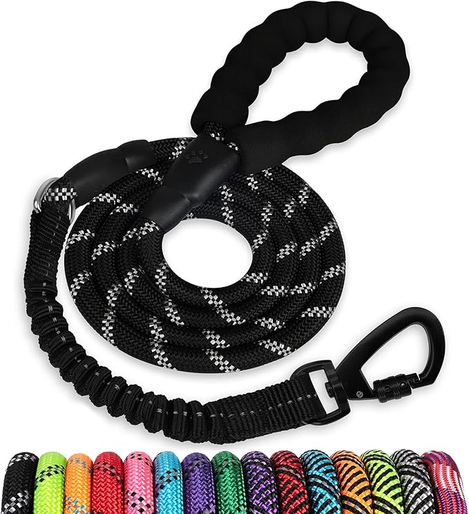 Rope Dog Leash 3 FT: Heavy Duty Leashes with Swivel Lockable Hook Reflective Threads Bungee and Padded Handle - Dog Lead for Large Small Medium Dogs Outside Walking Hiking Black