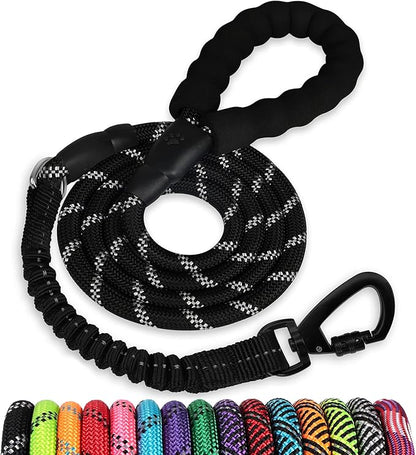 Rope Dog Leash 6 FT: Heavy Duty Leashes with Swivel Lockable Hook Reflective Threads Bungee and Padded Handle - Dog Lead for Large Small Medium Dogs Outside Walking Hiking Black