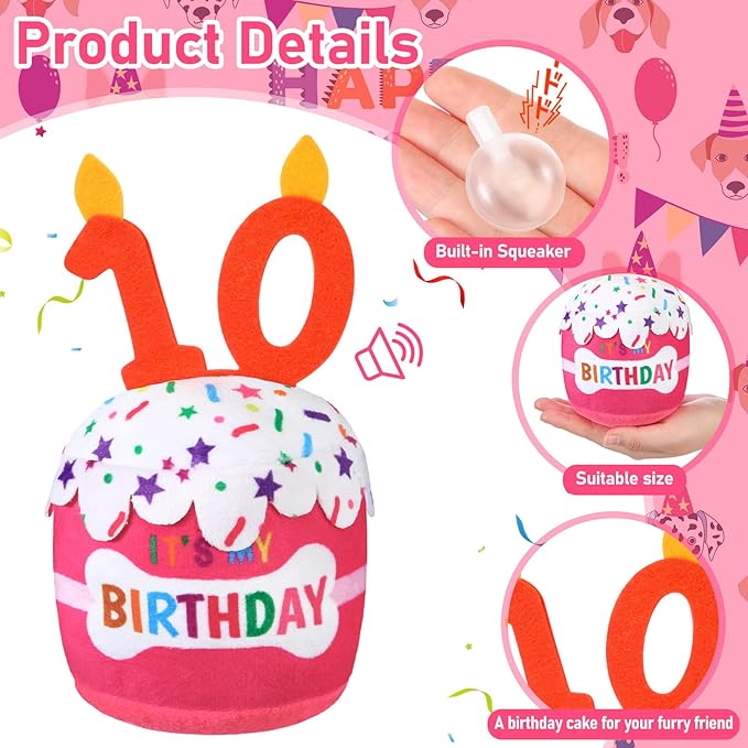 Dog Birthday Cake Toy Accessories for Girl Boy Gifts, Squeaky Plush Toy for Dog Birthday Party Decor Favor for Large, Medium and Small Dogs(10th,Pink)