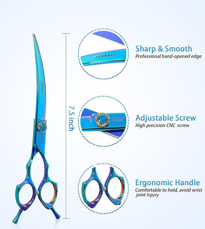 Stjuo 7.5'' Dog Curved Scissors for Grooming 440C Stainless Steel Green Professional Pet Trimming Scissors Sharp Blades Cutting for Dogs and Cats Shears