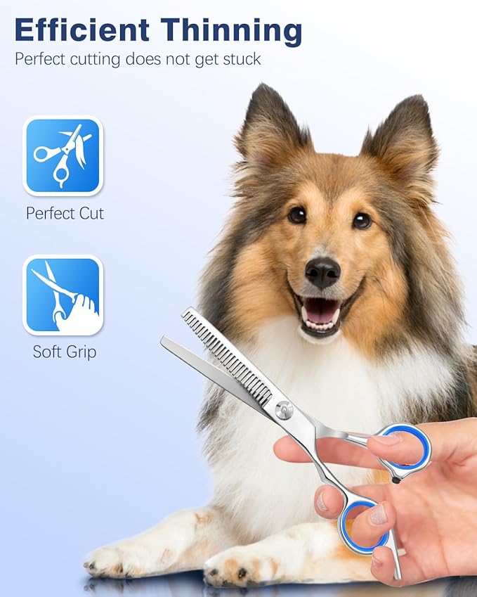 Fiurfiy 6-in-1 Dog Grooming Scissors - Professional Stainless Steel Hair Cutting Kit with Safety Rounded Tips, Ergonomic Soft-Grip Handles for Small & Large Dogs, Cats