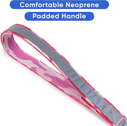 Pawtitas Camo Pink Dog Leash 6 ft Custom ID Lead for Dogs & Puppies Reflective Comfortable Padded Handle Embroidered Name & Phone Number