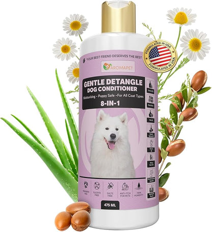 Gentle Detangle Dog Conditioner – 8-in-1 Leave-in Moisturizing Formula | Puppy Safe | Detangles & Softens Fur | 475 ml | for All Coat Types