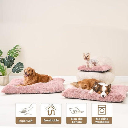 EHEYCIGA Fluffy XXL Dog Crate Pad, Plush Faux Fur Dog Bed for Extra Large Pets, Calming Anti Anxiety XXL Pet Bed, Washable Soft Warm Crate Mat with Non-Slip Bottom, Pink