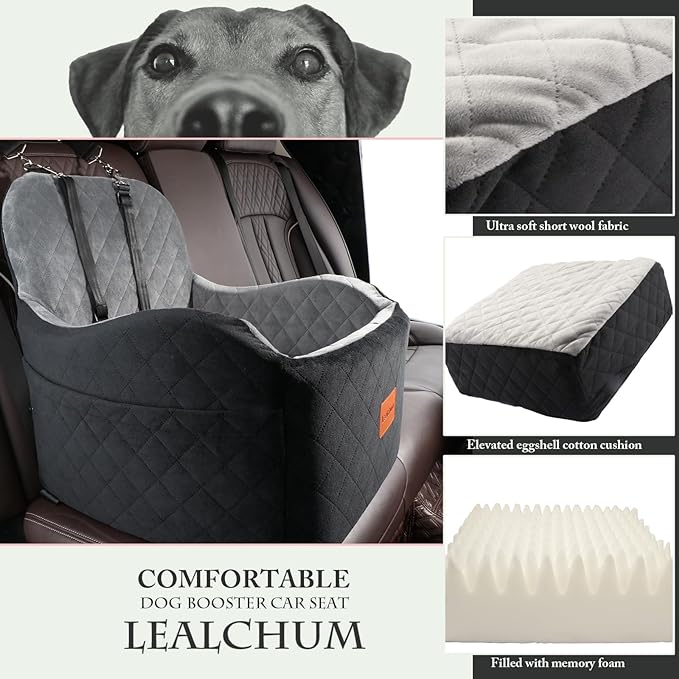Lealchum Dog Booster Car Seat for Small/Medium Dogs,6in Memory Foam Elevated Cushion,Fully Detachable and Washable,2 Clip-On Safety Leashes,Anti-Slip Base(Black/Grey,Medium)