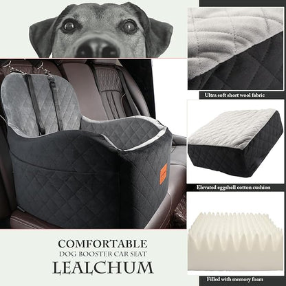 Lealchum Dog Booster Car Seat for Small/Medium Dogs,6in Memory Foam Elevated Cushion,Fully Detachable and Washable,2 Clip-On Safety Leashes,Anti-Slip Base(Black/Grey,Medium)