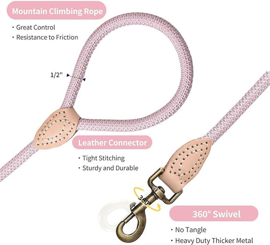Mile High Life Dog Rope Leash 6 FT with Genuine Leather Tip, Reflective Rope Leash for Medium Large Dogs (Pink, 72 Inch)