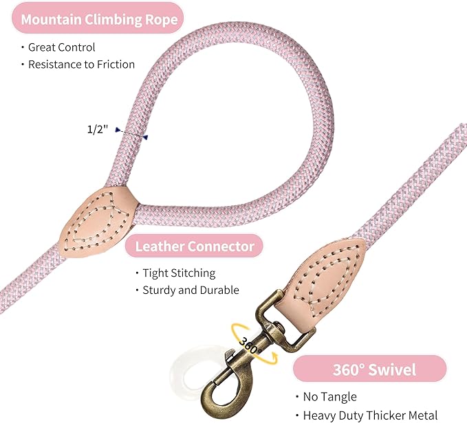 Mile High Life Dog Rope Leash 5 FT with Genuine Leather Tip, Reflective Rope Leash for Medium Large Dogs (Pink, 60 Inch)