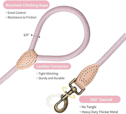 Mile High Life Dog Rope Leash 4 FT with Genuine Leather Tip, Reflective Rope Leash for Medium Large Dogs (Pink, 48 Inch)