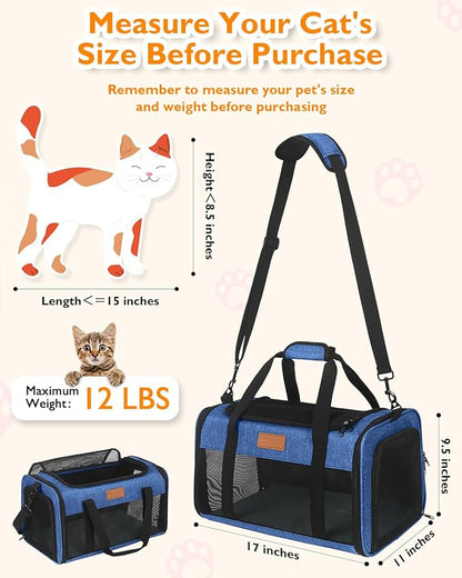 PETUX Airline Approved Pet Carrier - 17x11x9.5 in, Underseat, Top & Side Entry, Soft Sided Cat Dog Carrier for Small Cat & Dog Up to 12 lbs with Breathable Anti-Scratch Mesh for Travel & Vet - Blue