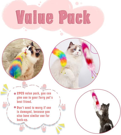 Lepawit 2 Pack Cat Wand Toy, Rainbow Cat Feather Toys with Bells, Teaser Wand with Soft Furry Tail, Interactive Toys for Indoor Cats & Kitten & Kitty