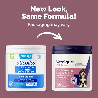 Vetnique Oticbliss Cat & Dog Ear Wipes - Dog Ear Infection Treatment or Dog Ear Cleaner Wipes for Dirty, Waxy, Smelly Dog Ears, Odor Control with Aloe Vera & Salicylic Acid (Finger Mitt Ear Wipes)