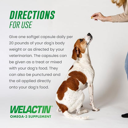 Nutramax Welactin Canine Softgels, Omega 3 Supplement for Dogs of all Sizes, Softgels, 120 Count