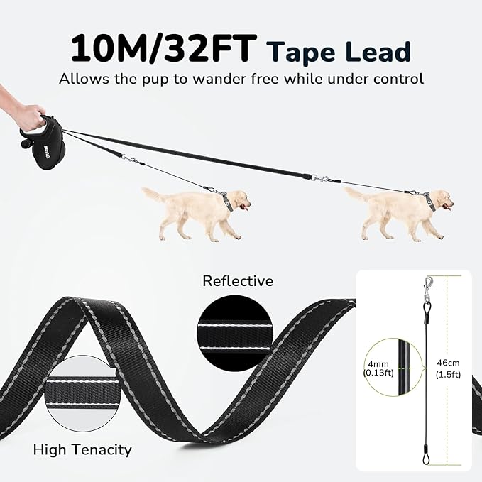 Pecute 32ft Retractable Dog Leash with Poo Bag Holder, Chew Proof Dog Leash with 360° Tangle-Free Extended, Anti-Slip Handle & Quick Brake Button, Suitable for Dogs Up to 110lbs in Weight
