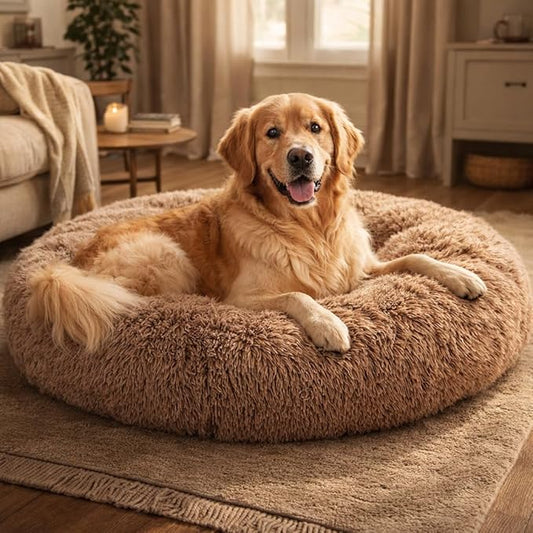 Dog & Cat Bed for Indoor Cats, 37in Calming Donut Pillow mat for Puppy and Kitten, Washable Cooling Round Fluffy Pet Nest for Small Medium Dogs and Cats, Brown