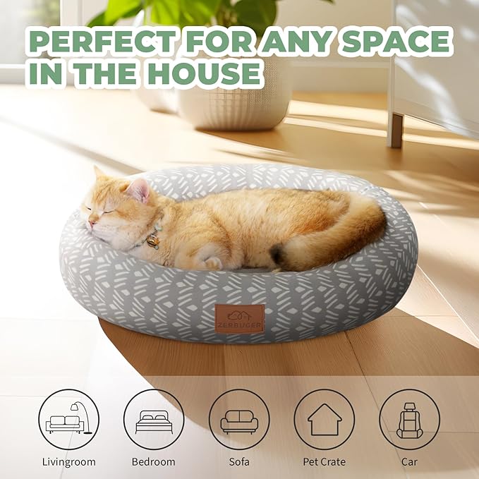 Zerbuger Cat Bed, 20In Dog Beds for Small Dogs, Calming Cat & Dog Beds for Indoor Pets, Pet Beds Comfortable Donut Round Ultra Soft (Grey Pattern, 20.0" L x 20.0" W x 6.5" Th)