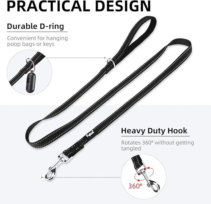PUPTECK Reflective Dog Leash with Comfortable Padded Handle Durable Nylon Dog Lead for Small Medium and Large Dogs Cats Walking Running Training Outside, Black