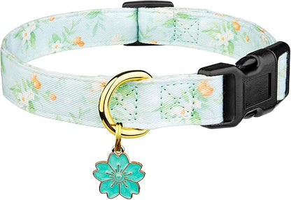 Cotton Handmade Dog Collar Cute and Distinctive Patterns Light Green Flower with Pendant for Girl Boy Dogs Collars M