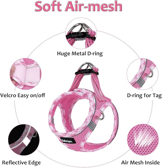 Zelvian Cat Harness and Leash Set for Walking, Escape Proof Adjustable Soft Mesh Kitten Harness with Reflective Strips, Breathable No-Choke Pet Vest for Large Cats or Small Dogs(Pink,L)