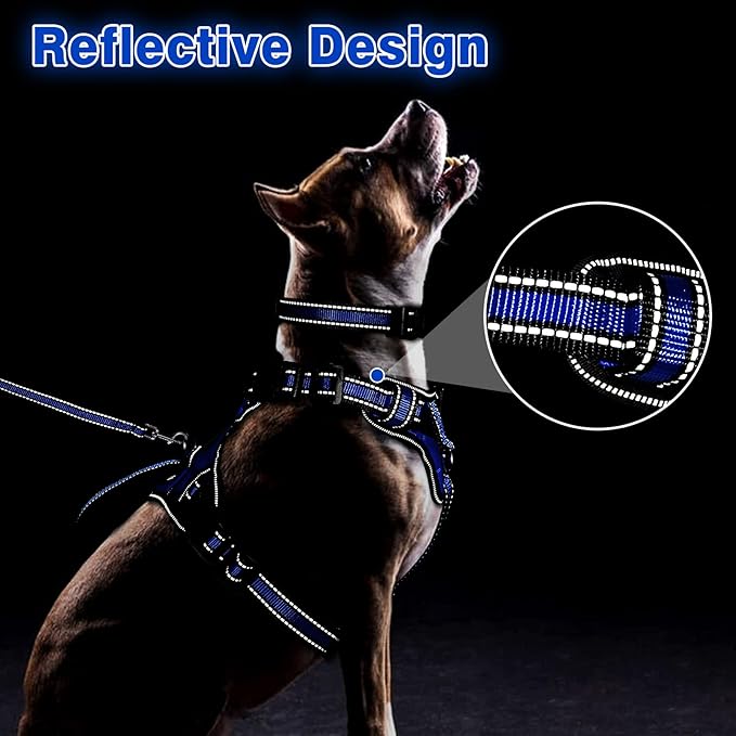 WINSEE Pet Harness Collar and Leash Set, All-in-one Reflective Dog Harness No Pull with Adjustable Buckles for Puppies, Small, Medium, Large, and Extra-Large Dogs (Small, Dark Blue)