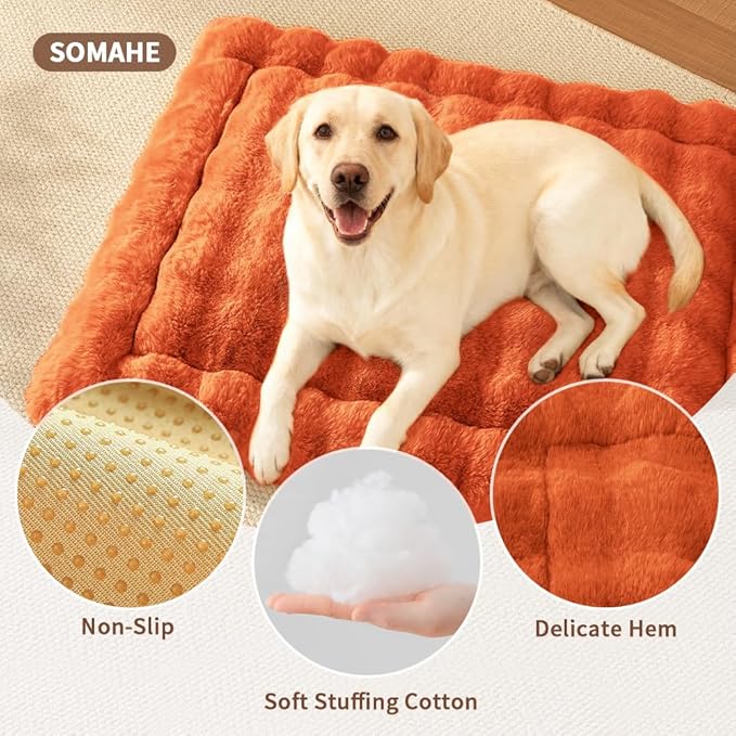 SOMAHE Self-Warming Dog Bed, Plush Faux Fur Mat with Anti-Slip Bottom, Ultra Soft Heated Pet Bed for Medium Large Dogs, Cozy Fluffy Pad for Carriers Couch Crate, Machine Washable, 35 x 27 Inch Orange