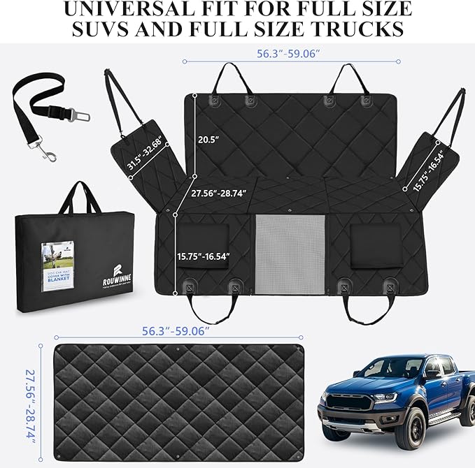 ROUWINNE Back Seat Extender for Dogs Truck-with Soft Blanket, Dog Pet Seat Cover Back Seat Hard Bottom Holds 400lbs, Backseat Dog Hammock for Crew Cab Trucks F150, RAM1500, Sierra, Tundra, Silverado