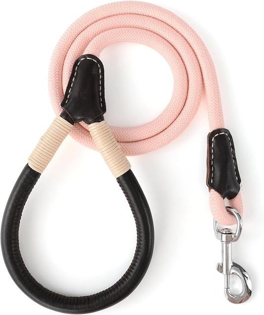 Mile High Life Genuine Leather Wrapped Handle Dog Leash, w Heavy Duty Clasp Rope Leash for Small Medium Large Dogs (Pink, 5FT)