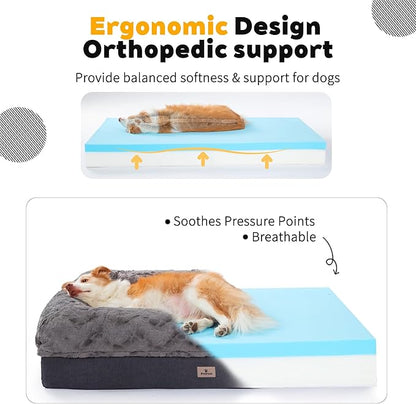 PetFun Memory Foam XL Dog Bed for XLarge Sized, Extra Large Orthopedic Dog Sofa with Sides and Waterproof Liner, Washable Bolster Pet Bed Couch with Removable Cover, 60x43x13 Inch, Dark Grey
