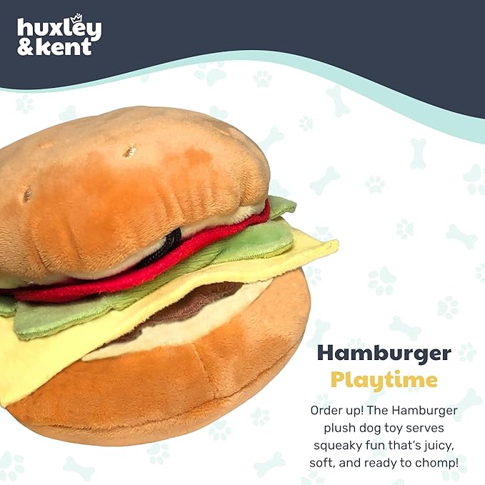 Huxley & Kent Funny Dog Toy w/Squeaker – Power Plush Squeaky Dog Toys for Small, Medium & Large Dogs – Soft Stuffed Animal for Indoor Play & Fetch - Hamburger, Small