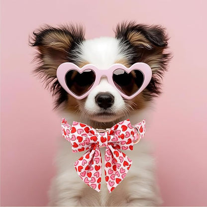 Valentines Dog Collar with Lady Bow - Cute Red Pink Hearts Valentine Sailor Bowtie Dog Collars, Adjustable Metal Buckle Male Female Dogs Collar for Small Medium Large Dogs L