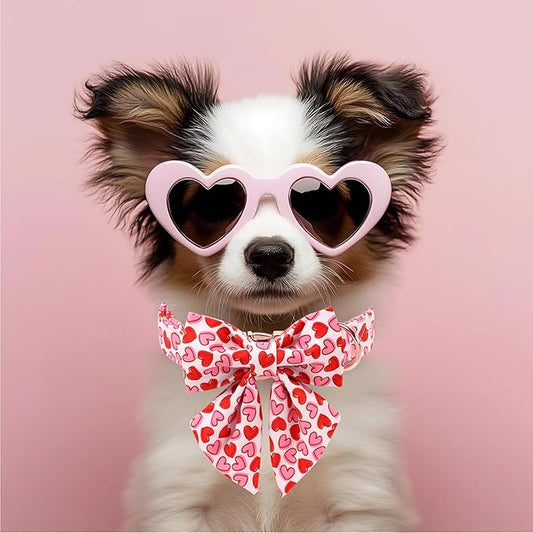 Valentines Dog Collar with Lady Bow - Cute Red Pink Hearts Valentine Sailor Bowtie Dog Collars, Adjustable Metal Buckle Male Female Dogs Collar for Small Medium Large Dogs S