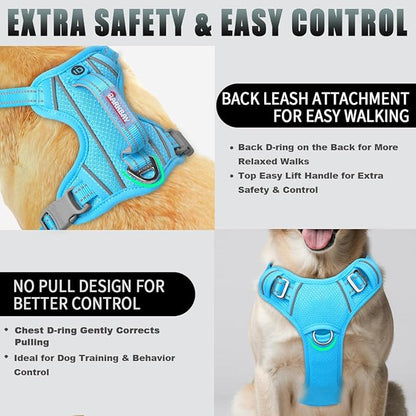 BARKBAY No Pull Dog Harness Large Reflective Dog Harness with Front Clip and Easy Control Handle for Walking Training Running with ID tag Pocket(Blue,XL)