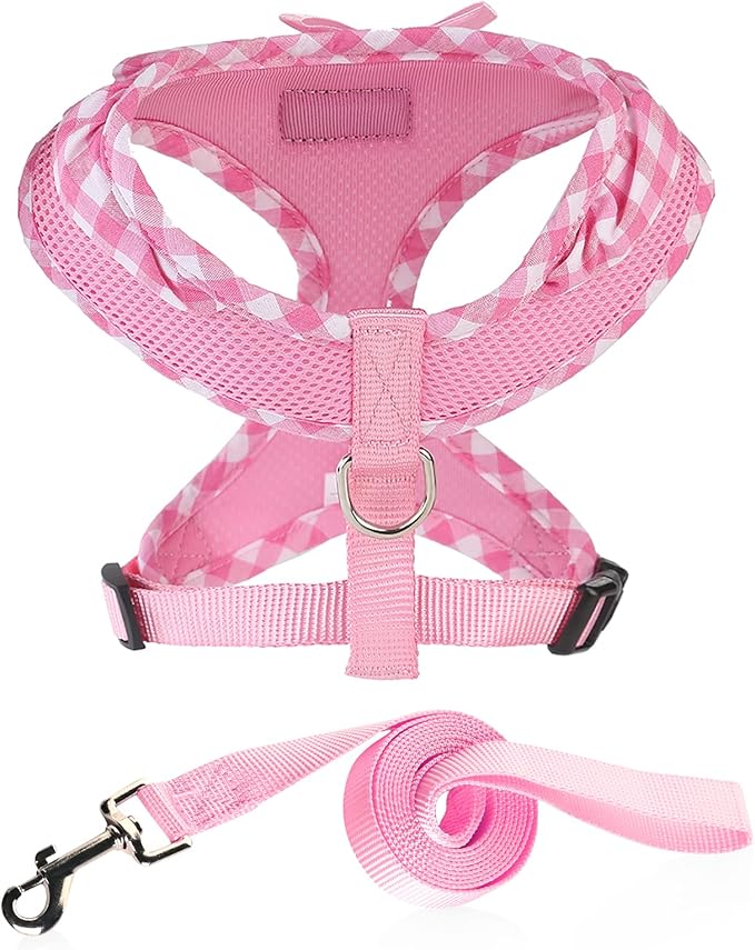 SuperBuddy Upgraded Soft Mesh Dog Harness, Super Breathable Lightweight Pet Harnesses for Puppy Dogs Outdoor Walking, Pink Dog Harness and Dog Leash Set Packing -Large