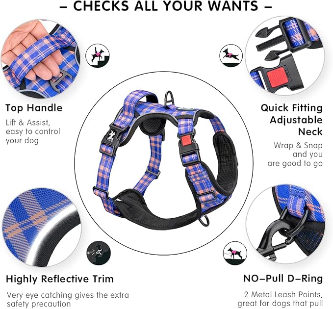 PoyPet No Pull Dog Harness, Reflective Adjustable No Choke Pet Vest with Front & Back 2 Leash Attachments, Soft Control Training Handle for Small Medium Large Dogs(Checkered Blue & Orange,XS)