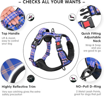 PoyPet No Pull Dog Harness, Reflective Adjustable No Choke Pet Vest with Front & Back 2 Leash Attachments, Soft Control Training Handle for Small Medium Large Dogs(Checkered Blue & Orange,M)