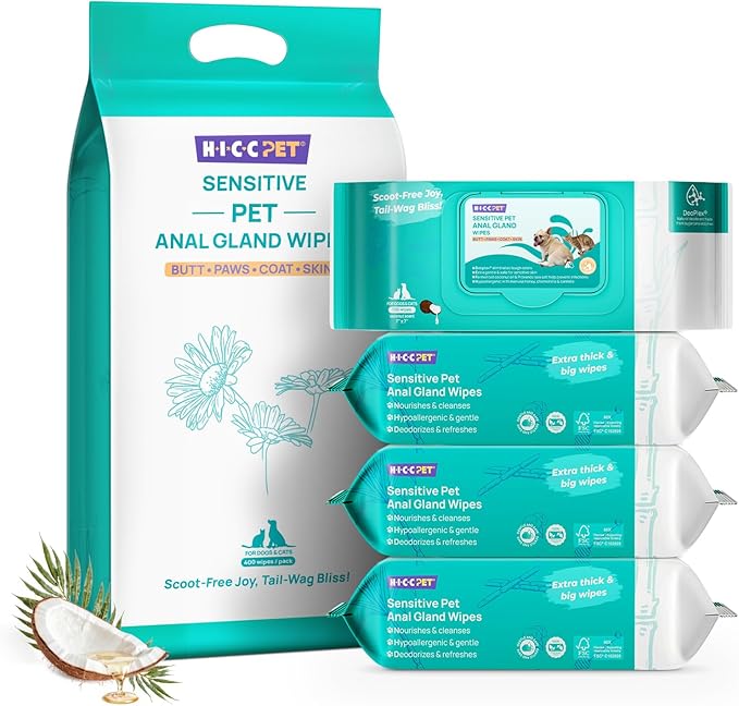 HICC PET Wipes for Dogs & Cats, Vet Recommended Cleaning Deodorizing & Soothing Allergy Infections Anal Gland Wipes, Hypoallergenic Hydrating & Nourish Fur Dog Grooming Wipes for Paw, Butt, Body