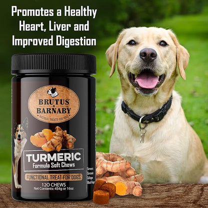 BRUTUS & BARNABY Turmeric for Dogs Anti Inflammatory Pain Relief - Curcumin for Dogs Chews with Collagen & Bioprene - Turmeric Supplement for Dogs Hips, Joint & Mobility Support (120 Count)