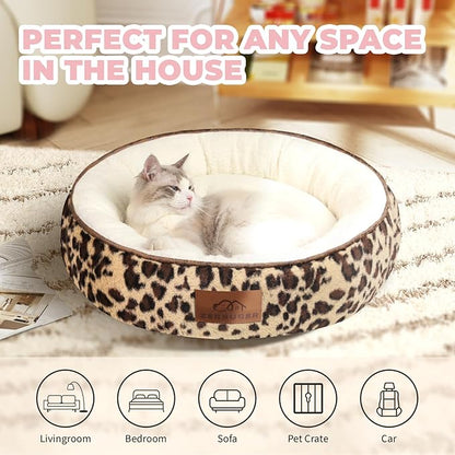 Zerbuger 20in Leopard Round Cat Dog Bed Gift for Large Medium Small Dogs Cats, Machine Washable Sleeping Sofa, Non-Slip Bottom Breathable Soft Calming Pet Cuddler for Indoor/Outdoor/Car/Cage