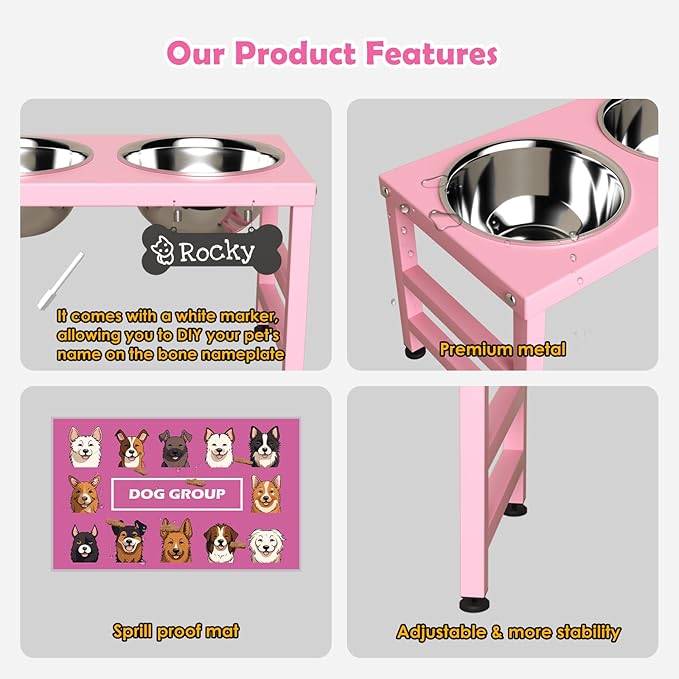 Elevated Dog Bowls, 10" Tall Height, ADENGL Raised Bowl Stand with 2 Stainless Steel Food Feeder Bowls (60oz) and Spill-Proof Mat for Medium Large ＆ Small Breeds, Pink