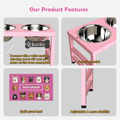 Elevated Dog Bowls, 10" Tall Height, ADENGL Raised Bowl Stand with 2 Stainless Steel Food Feeder Bowls (60oz) and Spill-Proof Mat for Medium Large ＆ Small Breeds, Pink
