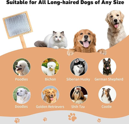 Dog Slicker Brush & Stainless Steel Comb Set for Shedding & Grooming Medium & Large Long or Thick Coated Dogs, Doodles & Cats, 1 Inch Pin Slicker Brush with Ergonomic Wooden Handle, Oak