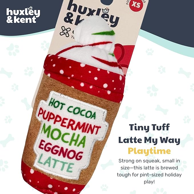 Huxley & Kent Funny Dog Toy w/Squeaker – Holiday Power Plush Squeaky Dog Toys for Small Dogs – Durable Small Stuffed Animal for Indoor Play & Fetch - Tiny Tuff Latte My Way