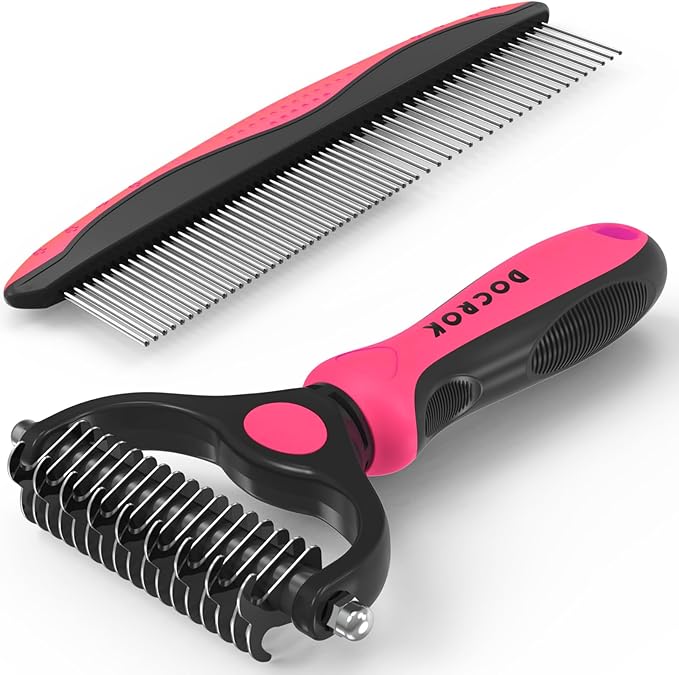 Docrok Pet Grooming Brush & Comb Combo, Cat & Dog Brush for Shedding & Dematting, Undercoat Rake for Long-haired Pets, Pink